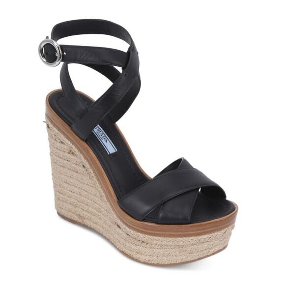 Prada Ankle-Wrap Wedge Sandal 135mm Black Size 8 - Picture 1 of 4